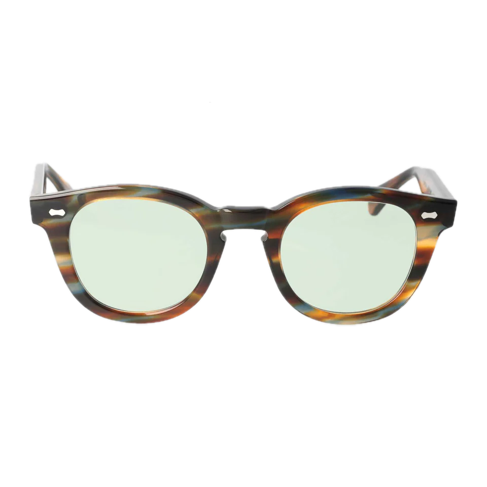 A pair of squared, tortoiseshell Donegal River Light Green Sunglasses 49mm with reflective lenses, isolated on a black background by The Bespoke Dudes.