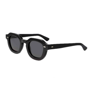 A pair of Juta Eco Black Grey Lenses 46mm sunglasses by The Bespoke Dudes, with a classic square frame design, displayed against a solid black background.