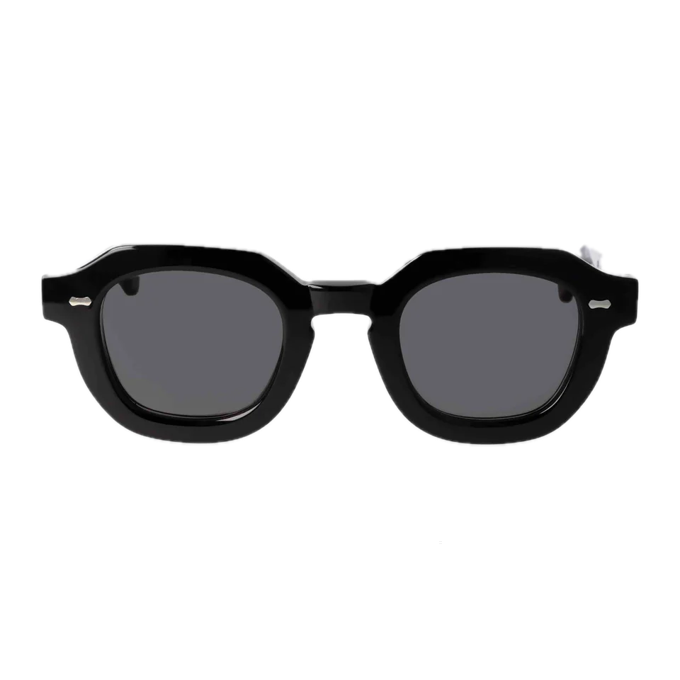 A pair of Juta Eco Black Grey Lenses 46mm square-framed sunglasses by The Bespoke Dudes against a black background.