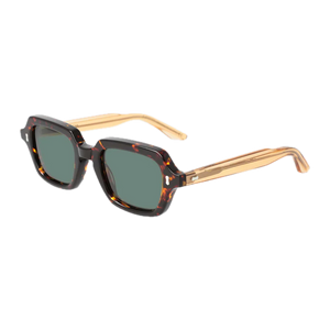 A pair of square-shaped tortoiseshell sunglasses with dark lenses and thin beige arms, isolated on a black background.