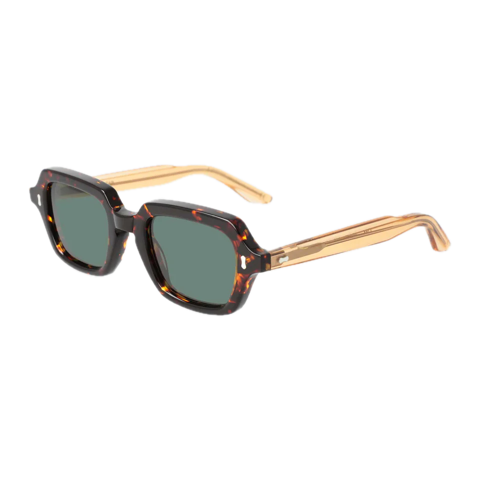A pair of square-shaped tortoiseshell sunglasses with dark lenses and thin beige arms, isolated on a black background.