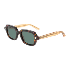 A pair of square-shaped tortoiseshell sunglasses with dark lenses and thin beige arms, isolated on a black background.