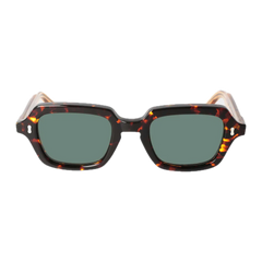 A pair of square-shaped tortoiseshell sunglasses with dark green lenses, isolated on a black background by The Bespoke Dudes.