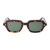 A pair of Oak Eco Spotted Havana sunglasses with square-shaped frames and green-tinted lenses, isolated on a black background by The Bespoke Dudes.