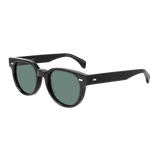 A pair of classic black round-shaped sunglasses with dark lenses and a glossy frame, displayed against a white background, like the Palm Eco Black Green Lenses 51mm by The Bespoke Dudes.