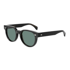 A pair of classic black round-shaped sunglasses with dark lenses and a glossy frame, displayed against a white background, like the Palm Eco Black Green Lenses 51mm by The Bespoke Dudes.