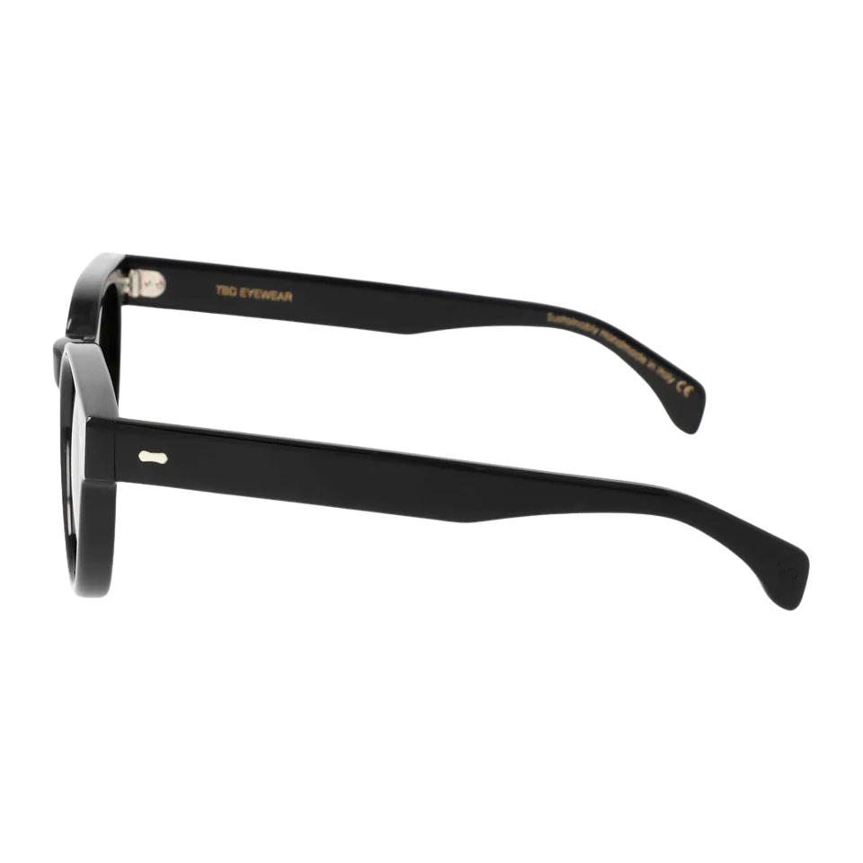 Side view of a pair of Palm Eco Black Green Lenses 51mm sunglasses by The Bespoke Dudes, with a gold detail on the hinge, isolated on a white background.