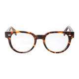 A pair of round, Palm Eco Spotted Havana Optical 51mm eyeglasses with clear lenses, isolated on a black background by The Bespoke Dudes.