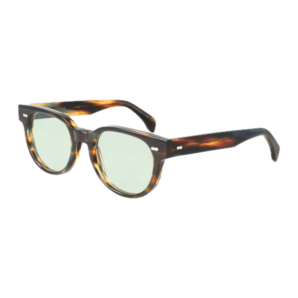 A pair of Palm River Light Green sunglasses with translucent reflective lenses, set against a black background by The Bespoke Dudes.