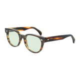 A pair of Palm River Light Green sunglasses with translucent reflective lenses, set against a black background by The Bespoke Dudes.