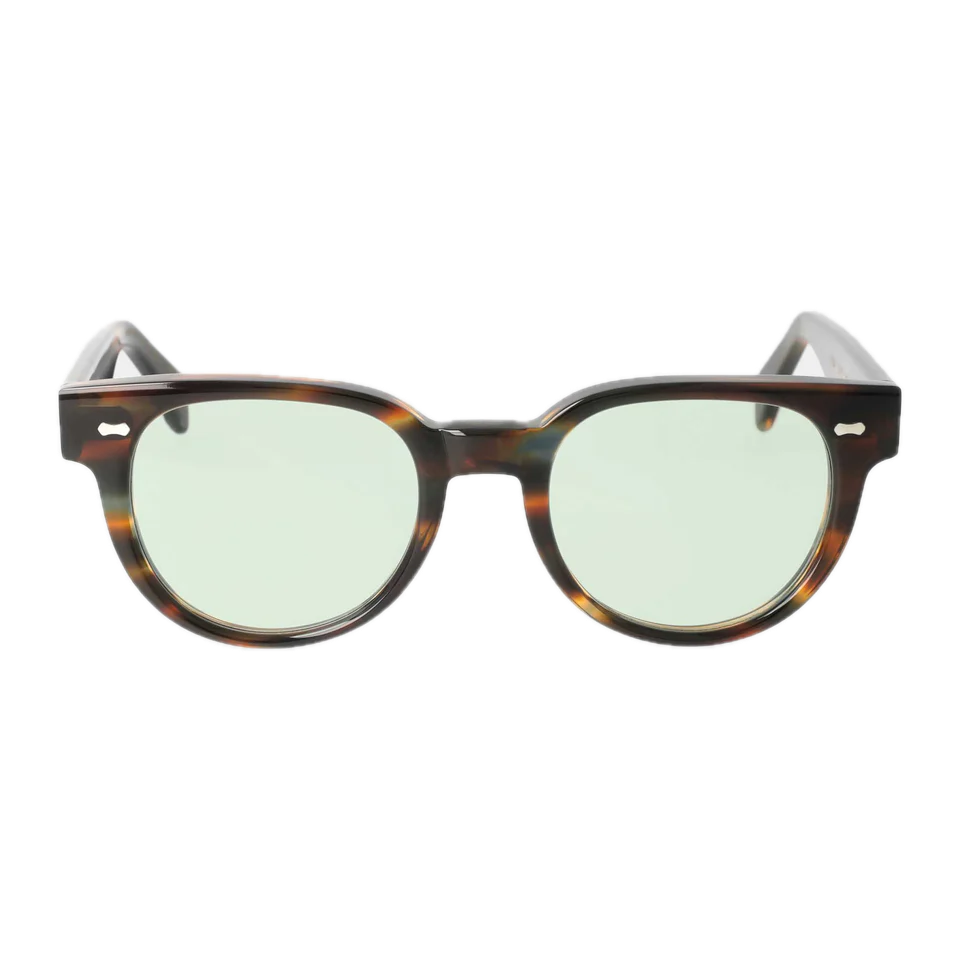 A pair of round, Palm River Light Green Sunglasses 51mm with reflective lenses, isolated on a black background by The Bespoke Dudes.