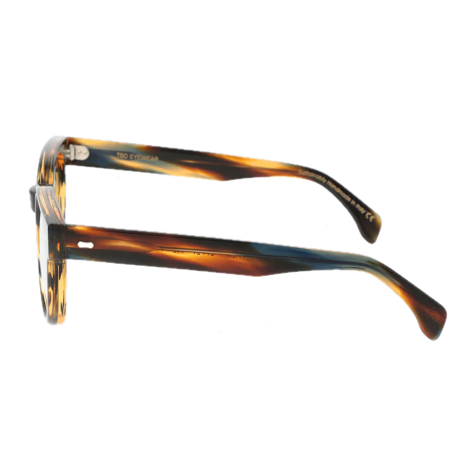 A pair of handcrafted Palm River Light Green Sunglasses 51mm with transparent frames, viewed from the side, isolated on a black background by The Bespoke Dudes.