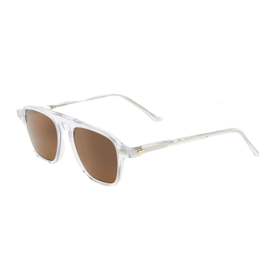 Vintage style white-framed sunglasses with Panama Transparent Tobacco Lenses 52mm by The Bespoke Dudes isolated on a black background.