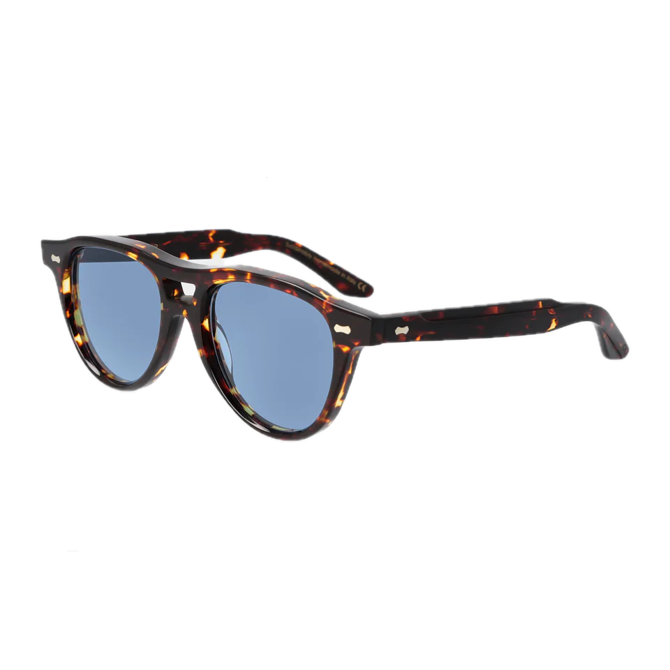 A pair of The Bespoke Dudes Piquet Eco Dark Havana Blue Lenses 49mm sunglasses against a transparent background.