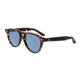 A pair of The Bespoke Dudes Piquet Eco Dark Havana Blue Lenses 49mm sunglasses against a transparent background.