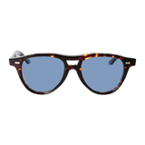 The Bespoke Dudes Piquet Eco Dark Havana Blue Lenses 49mm sunglasses on a black background.