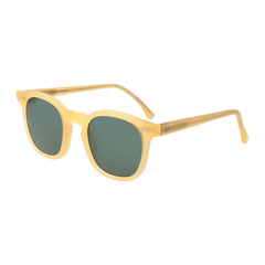 A pair of handmade, Twill Matte Champagne Green Lenses 49mm sunglasses with tinted lenses isolated on a black background by The Bespoke Dudes.