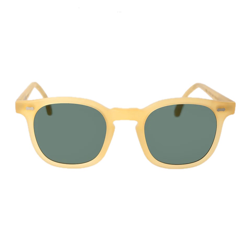 A pair of handmade sunglasses with Twill Matte Champagne Green Lenses 49mm by The Bespoke Dudes on a black background.
