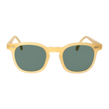 A pair of handmade sunglasses with Twill Matte Champagne Green Lenses 49mm by The Bespoke Dudes on a black background.