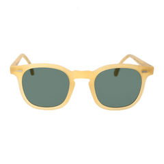 A pair of handmade sunglasses with Twill Matte Champagne Green Lenses 49mm by The Bespoke Dudes on a black background.