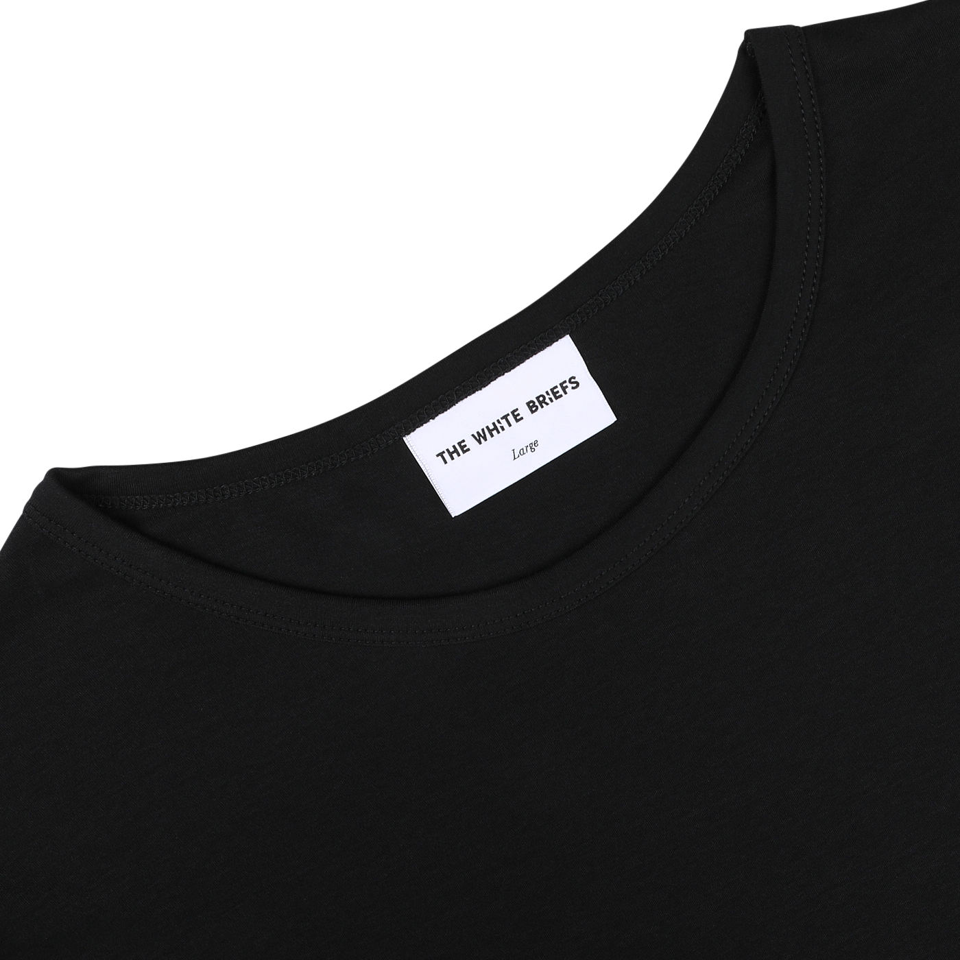 Close-up of a black classic crewneck t-shirt neckline with a visible label reading "The White Briefs, Large" on a white background. The slim fit Black Pima Cotton Earth T-Shirt is crafted from luxurious organic pima cotton for ultimate comfort.