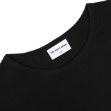 Close-up of a black classic crewneck t-shirt neckline with a visible label reading "The White Briefs, Large" on a white background. The slim fit Black Pima Cotton Earth T-Shirt is crafted from luxurious organic pima cotton for ultimate comfort.