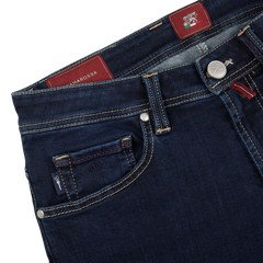 A pair of Dark Blue Leonardo 1 Month Jeans by Tramarossa with a red label, made from Japanese denim.