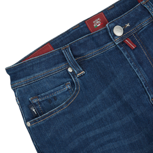 The back pocket of a pair of Tramarossa Blue Leonardo Zip 6 Months Heritage Jeans.