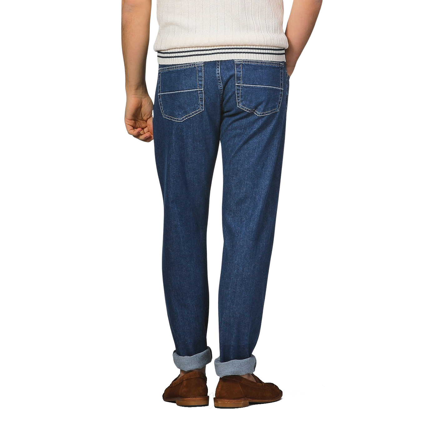 A person is wearing Blue Sky Relax Super Stretch Michelangelo Jeans by Tramarossa, paired with brown shoes, viewed from behind.