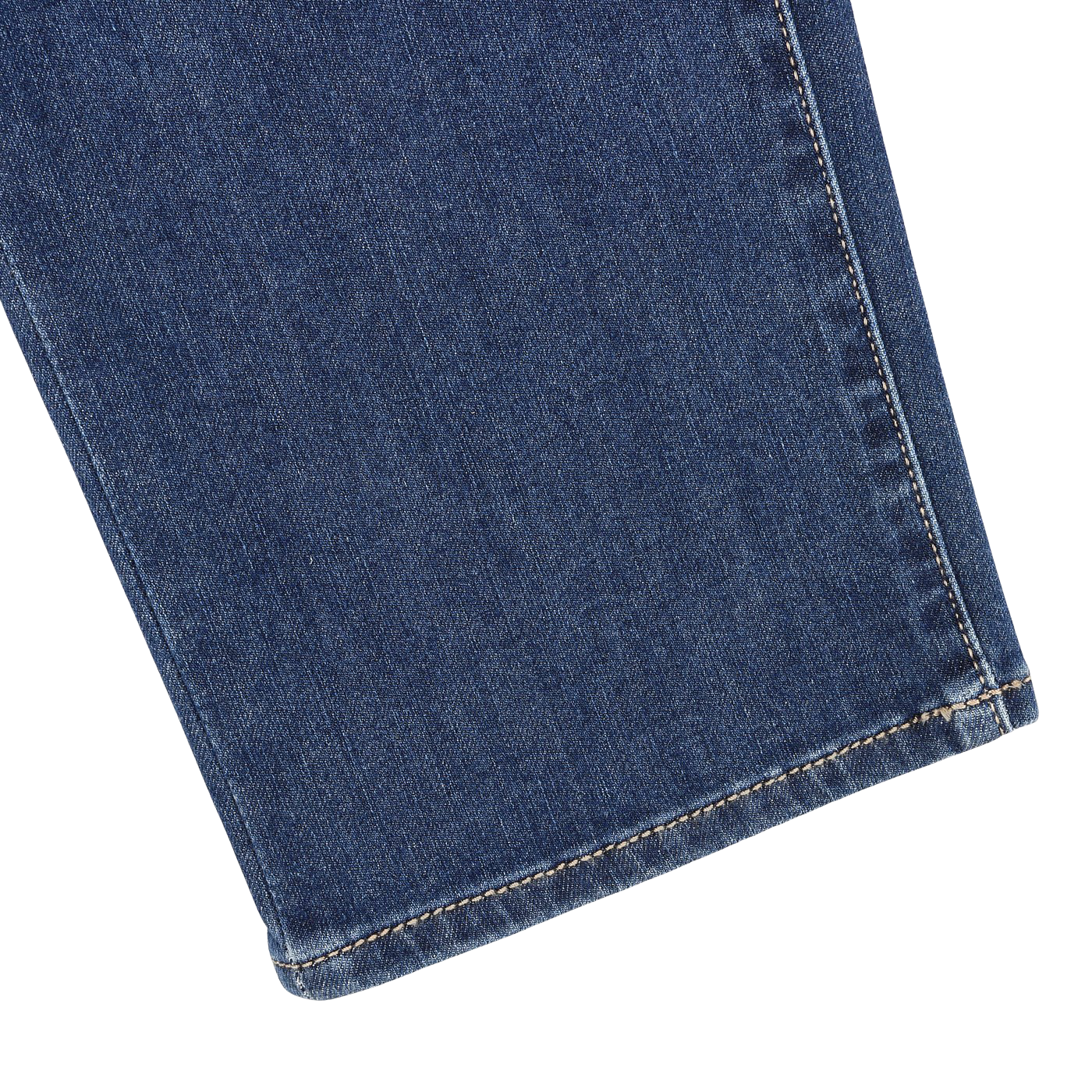 Close-up of the hem of a blue Tramarossa Blue Sky Relax Super Stretch Michelangelo jean leg against a white background, highlighting the sleek design typical of these jeans.