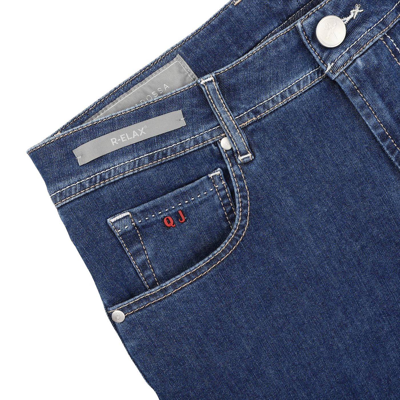 Discover style and comfort with Tramarossa's Blue Sky Relax Super Stretch Michelangelo Jeans. These slim-fit blue denim jeans have a front pocket, red "OJ" stitched initials, and feature a "R-ELAX" label and button closure on the waistband.