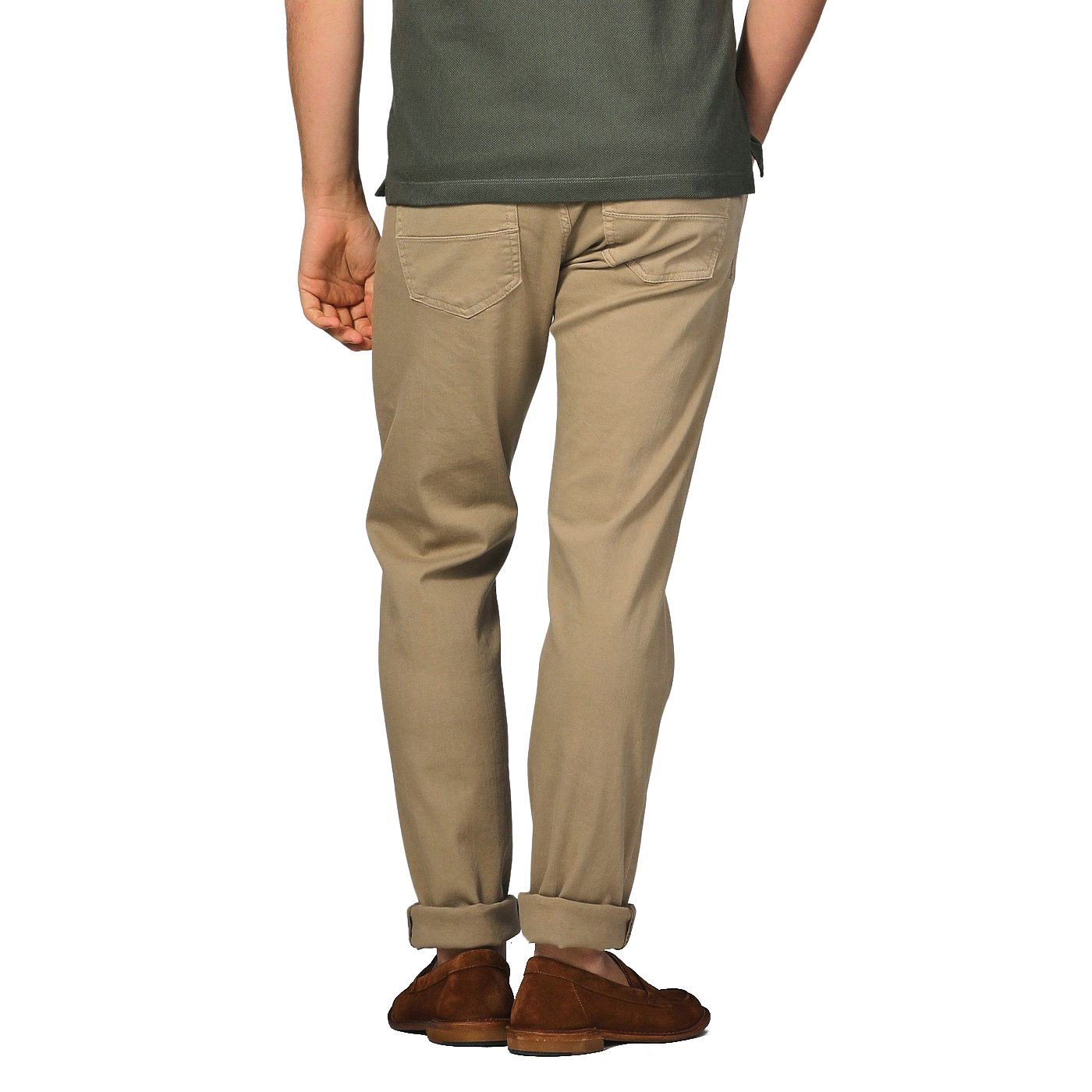 Rear view of a person wearing a dark green shirt, Tramarossa Desert Beige Super Stretch Michelangelo Jeans, and brown shoes, standing against a neutral background.