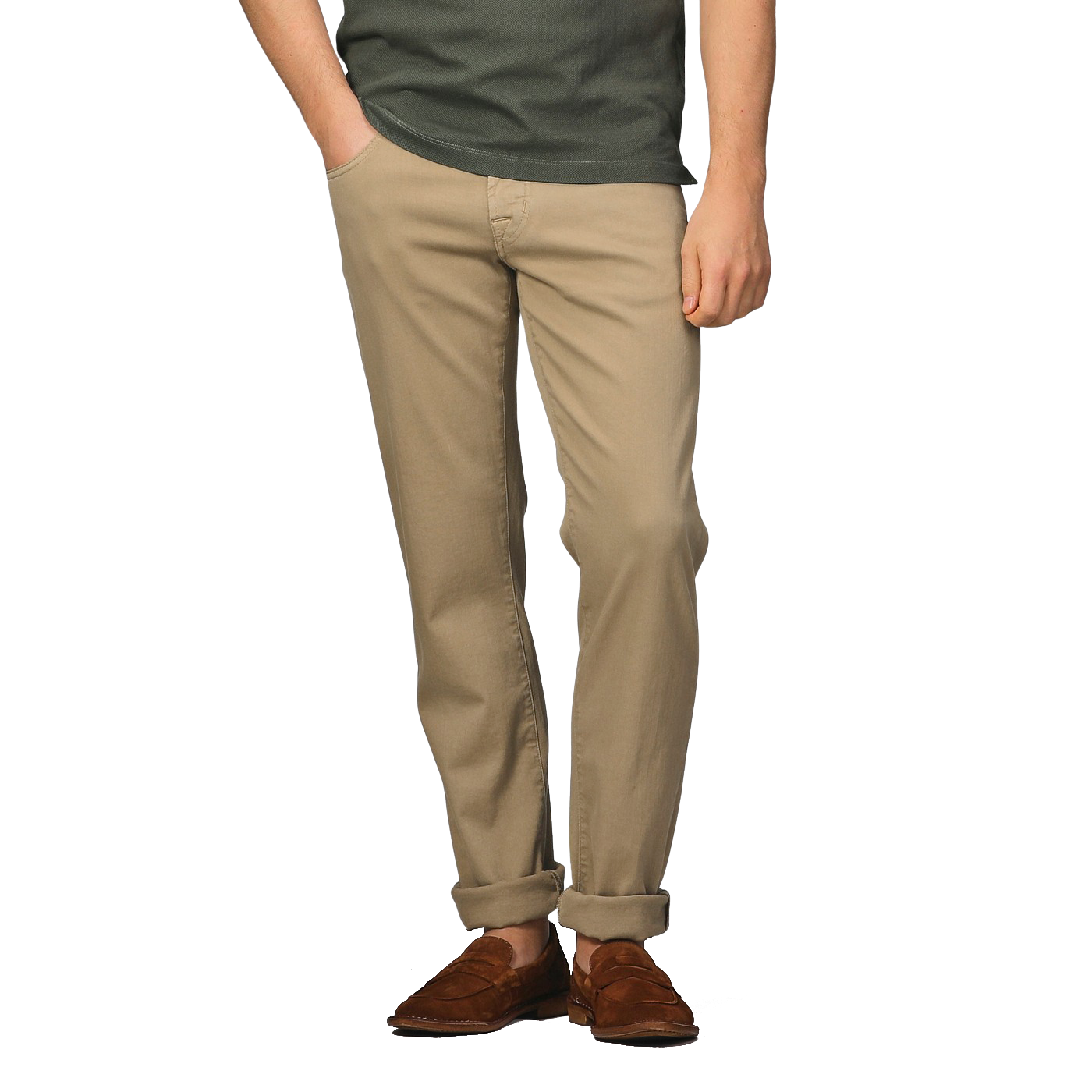 Person wearing a dark green shirt, Tramarossa Desert Beige Super Stretch Michelangelo Jeans, and brown shoes, standing with one hand in pocket.