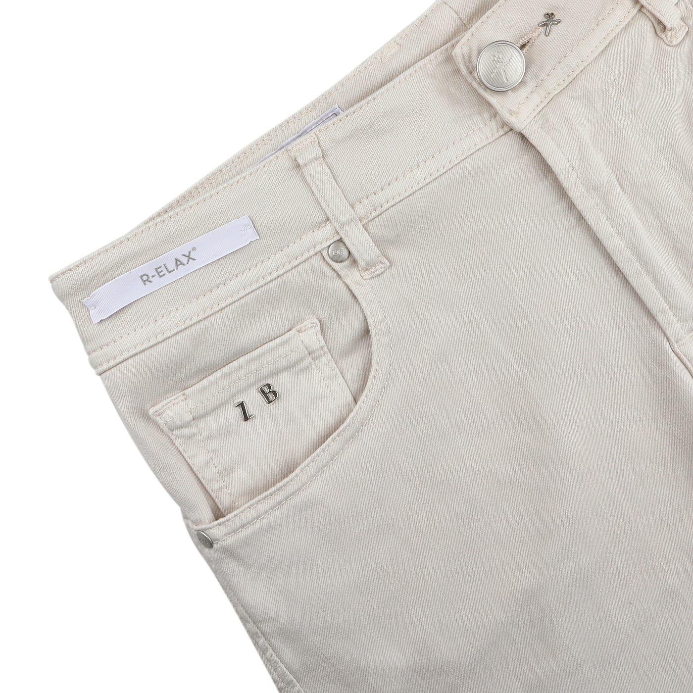 Close-up of Tramarossa Off White Super Stretch Michelangelo Jeans with a button closure, "R-ELAX" label on the waistband, and "IB" monogram on the front pocket. Crafted from comfort stretch denim for unmatched comfort and style.