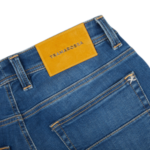 A pair of Tramarossa Washed Blue Leonardo 6 Months jeans with a yellow label on the back.