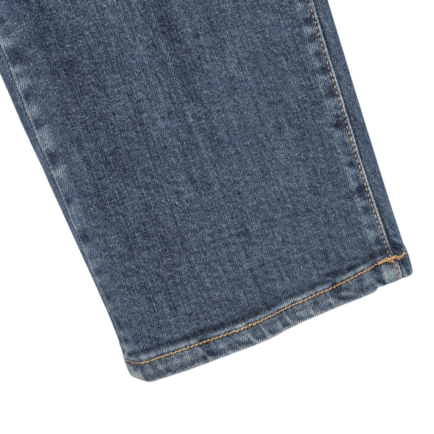 Close-up view of the bottom hem of a pair of Washed Blue Loro Piana Cotton Michelangelo Jeans by Tramarossa.