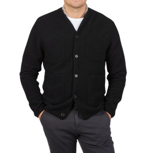 Universal Works Black Wool Fleece Button Cardigan Front