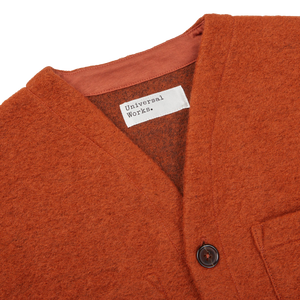 Universal Works Orange Wool Fleece Button Cardigan Collar