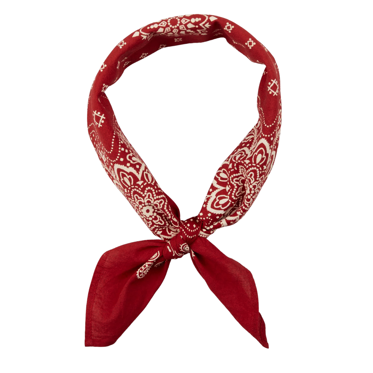 A Universal Works solid red cotton paisley printed bandana tied in a knot against a striped background.