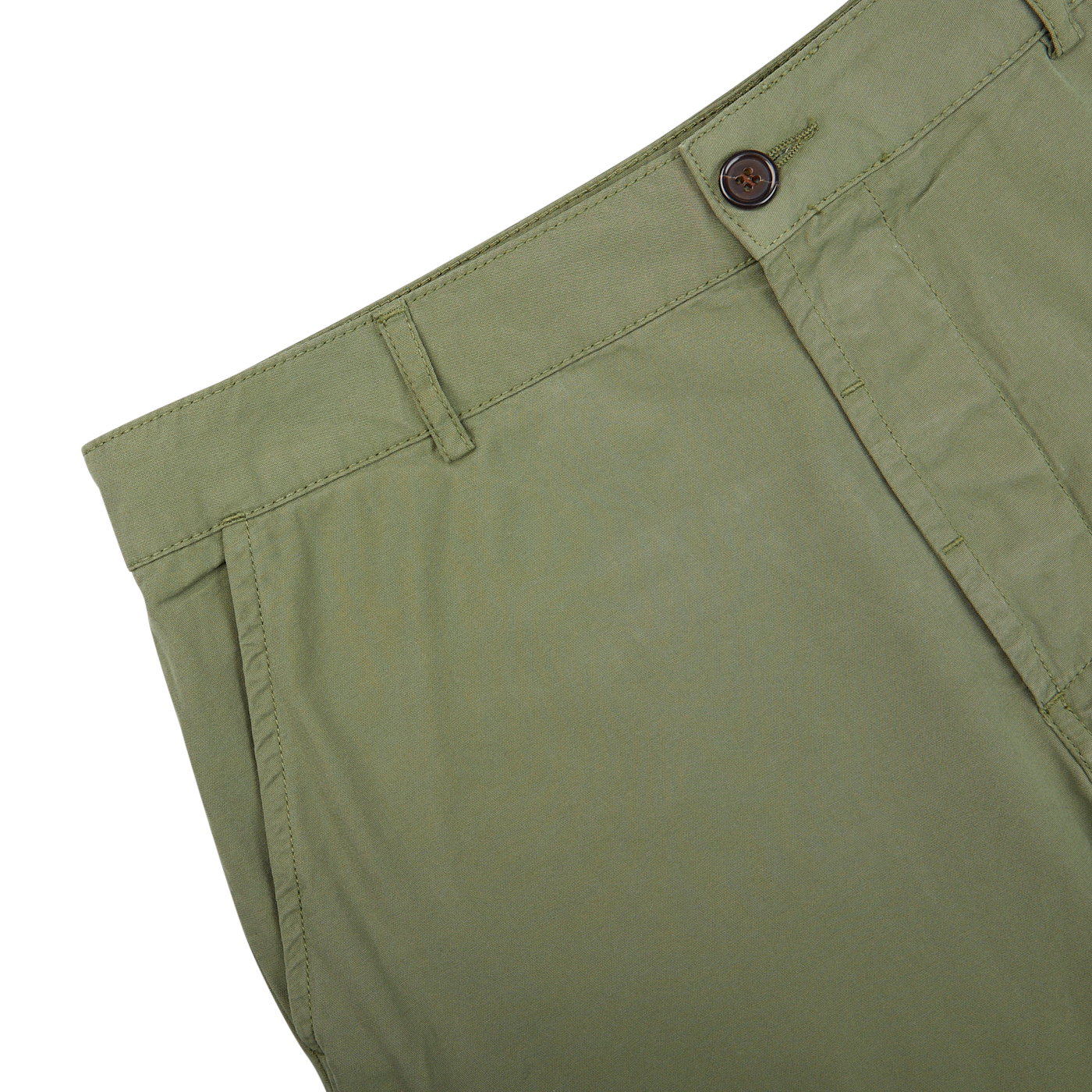 Green Birch Green Cotton Summer Canvas Military Chinos with a button closure on a white background by Universal Works.