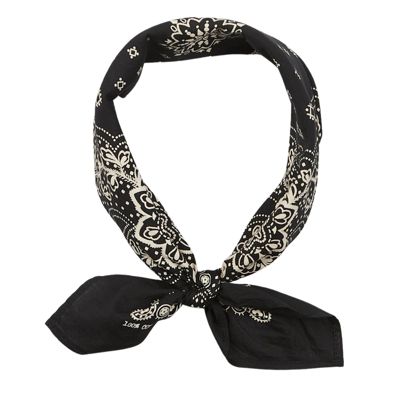 A Universal Works black cotton paisley printed bandana tied in a knot against a white background.
