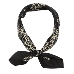 A Universal Works black cotton paisley printed bandana tied in a knot against a white background.