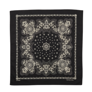 Universal Works Black Cotton Paisley Printed Bandana with intricate designs and border detailing.