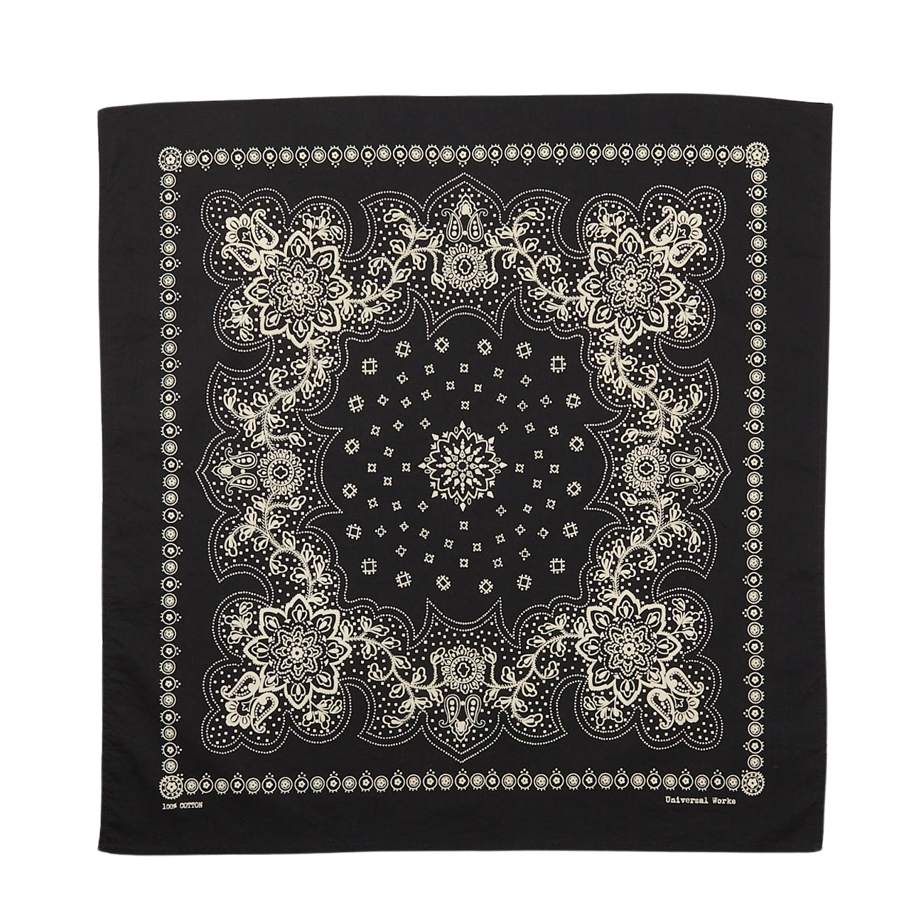 Universal Works Black Cotton Paisley Printed Bandana with intricate designs and border detailing.