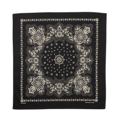 Universal Works Black Cotton Paisley Printed Bandana with intricate designs and border detailing.