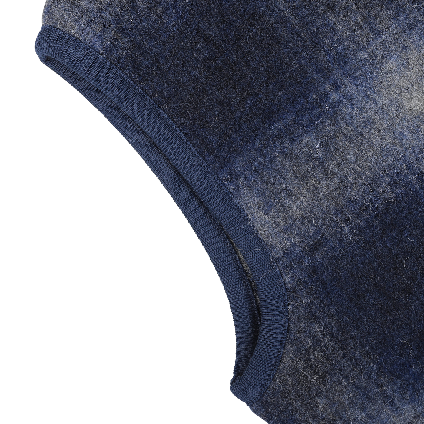 Close-up of the Blue-Grey Fresco Fleece Zip Waistcoat with a knitted ribbed trim. The fabric appears soft and textured, embodying the classic style of a Universal Works waistcoat.