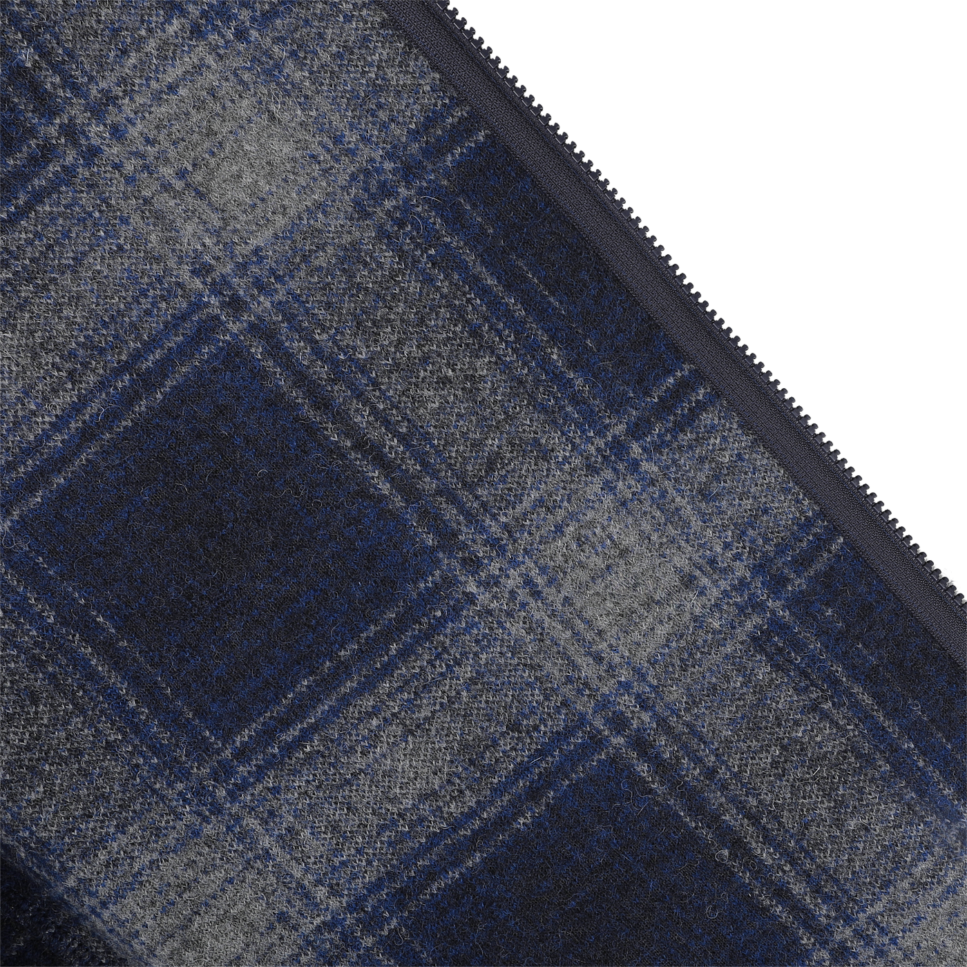 Close-up of blue and gray plaid fabric on a Universal Works Blue-Grey Fresco Fleece Zip Waistcoat with a visible zipper along the right edge.