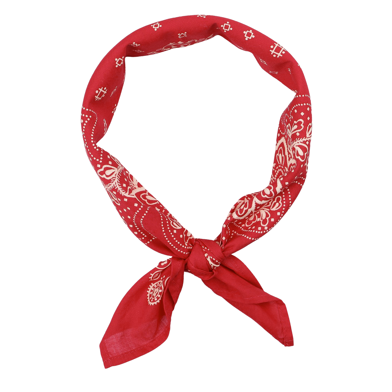 The Universal Works Bright Red Cotton Paisley Printed Bandana is artfully knotted against a white backdrop, making for a versatile accessory.