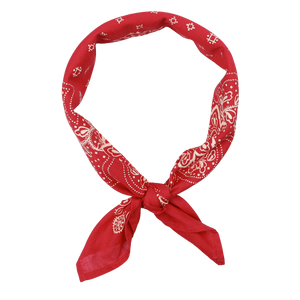 The Universal Works Bright Red Cotton Paisley Printed Bandana is artfully knotted against a white backdrop, making for a versatile accessory.