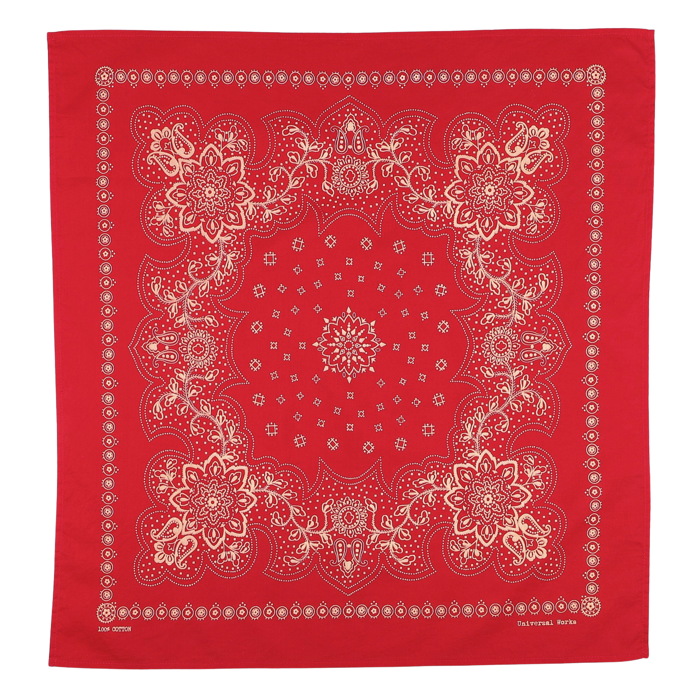 The Bright Red Cotton Paisley Printed Bandana from Universal Works is a versatile accessory, featuring a white paisley pattern with intricate designs throughout.